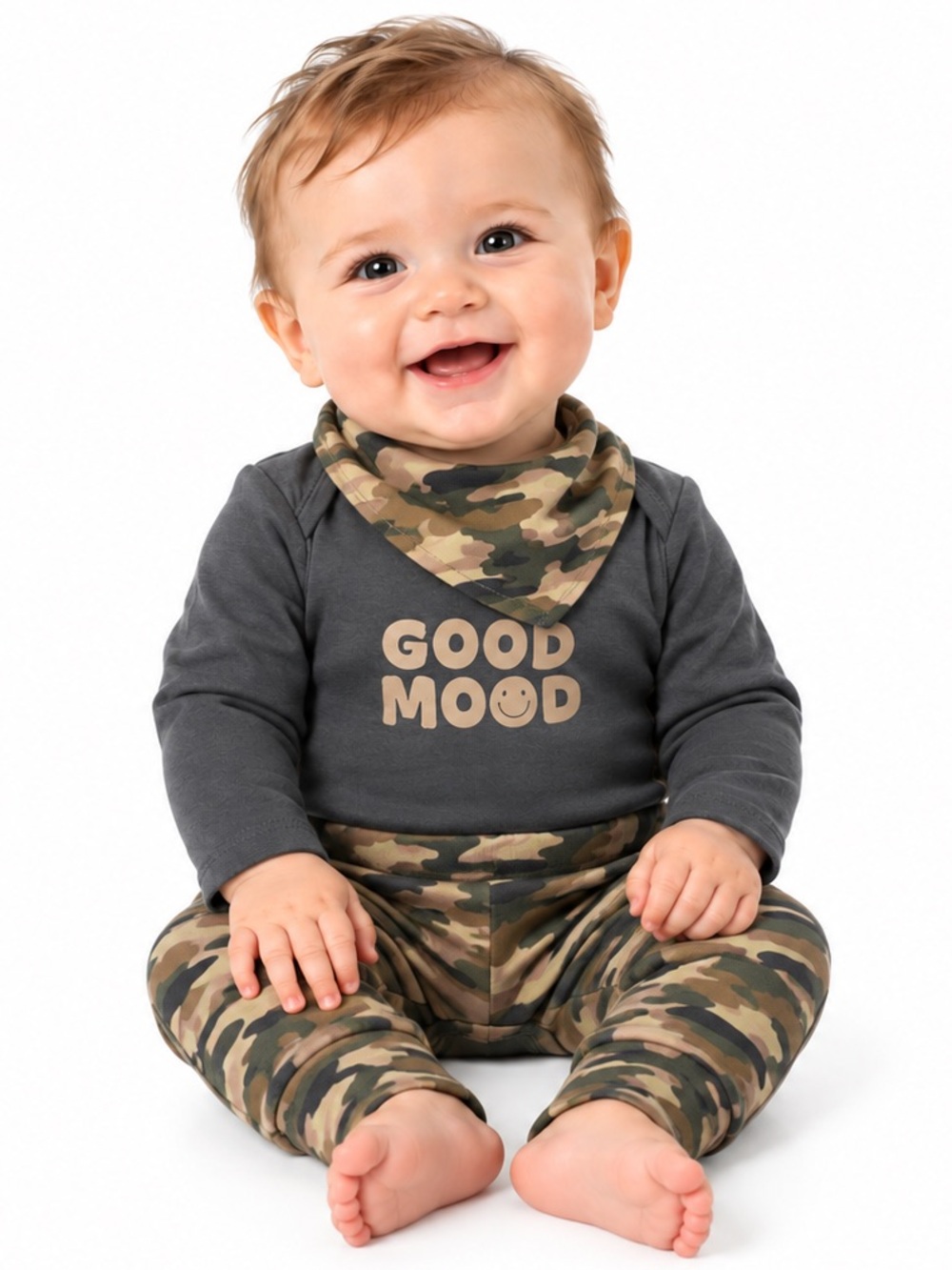 NEW - Monkey Bars 3PC Good Mood Gray & Camo Matching Set w/ Bandana 3-6M